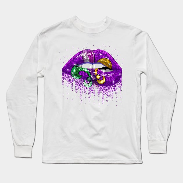 Womens Mardi Gras Carnival Costume Purple & Gold Fleur-De-Lis Lips Long Sleeve T-Shirt by artbyhintze